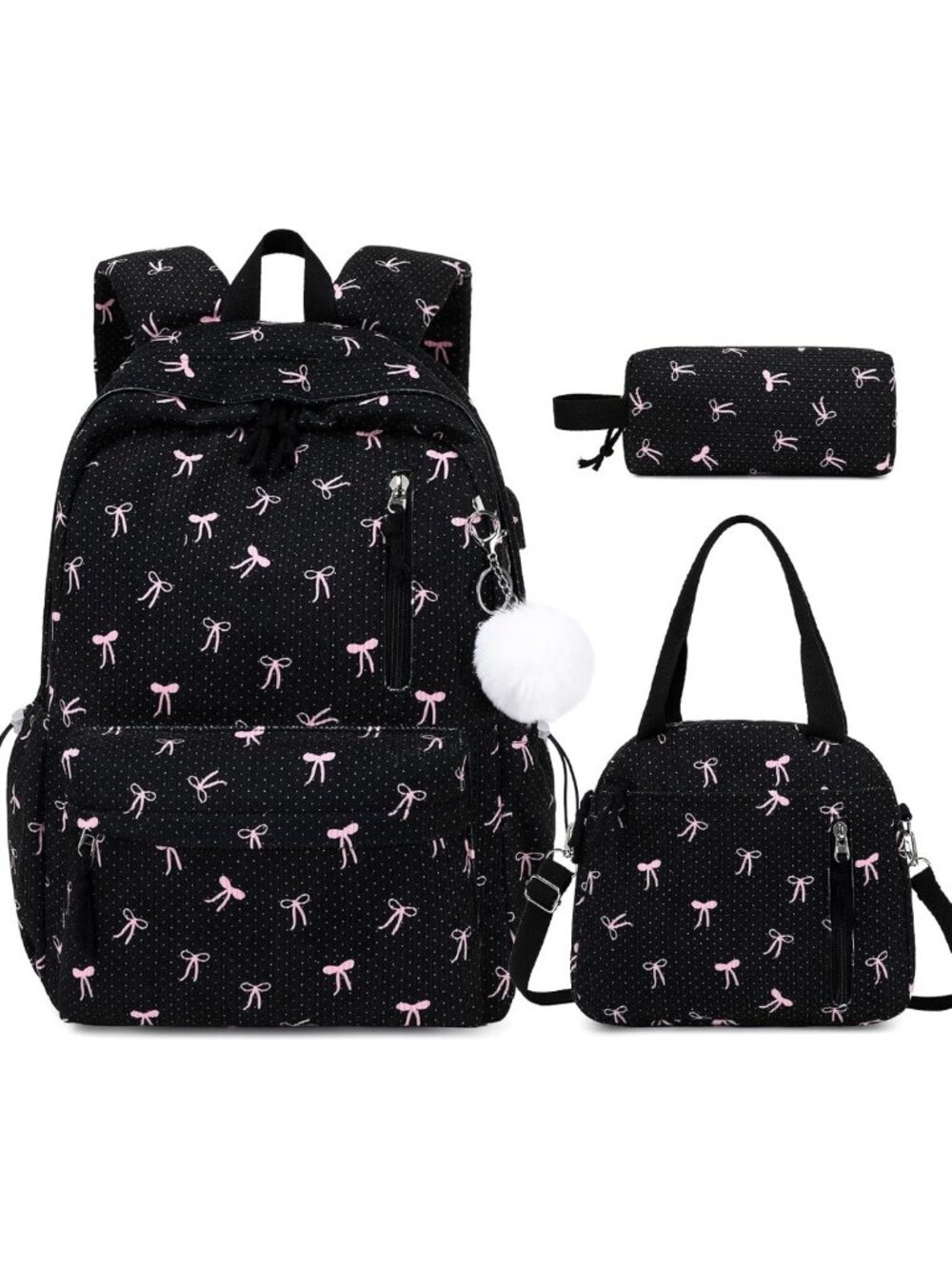 3PCS Girls Corduroy Backpack Set with Lunch Box & Pencil Case - Black Bow Tie